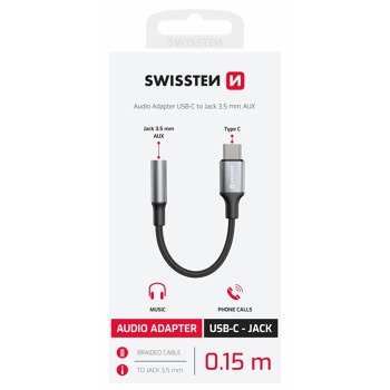 AUDIO ADAPTÉR SWISSTEN TEXTILE USB-C (samec) / 3,5 mm AUX 0,15 M BLACK (nahrádza 73501301)