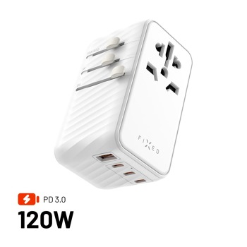 Cestovný adaptér FIXED Voyager 120W pre EÚ, UK a USA/AUS, s výstupom 3xUSB-C a 1xUSB, GaN, PD 120W, biely