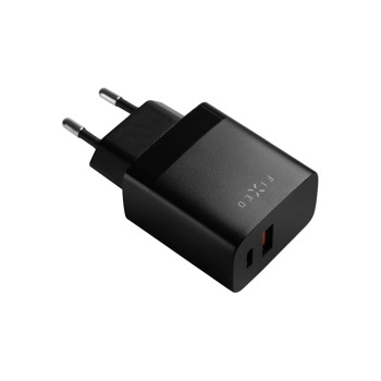 Sieťová nabíjačka FIXED s výstupom USB-C a USB, podpora PD a QC 3.0, 20 W, čierna
