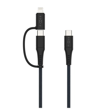 Dlhý nabíjací a dátový opletený kábel FIXED s konektormi USB-C/USB-C a adaptérom Lightning, PD, 3 m, MFi, PD 60 W, sivý