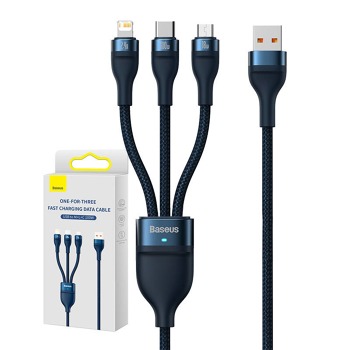Kábel USB 3 v 1 zo série Baseus Flash, USB-C + micro USB + Lightning, 100 W, 1,2 m (modrý)