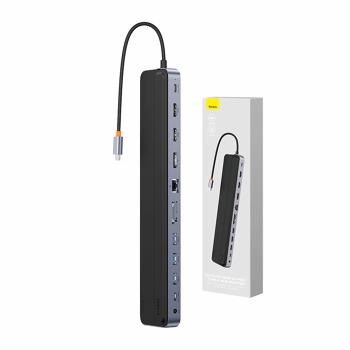12w1 Baseus EliteJoy Gen2 séria USB-C na 2xHDMI+ 3xUSB 3.0+ PD+ DP+ SD/TF+ RJ45+Type-C+ 3,5 mm (tmavo šedá)