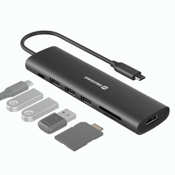 SWISSTEN USB-C HUB 7-IN-1 (USB-C 100W, HDMI 4K, 1x USB-A 3.0, 2x USB-A 2.0, SD, MICRO SD) HLINÍK