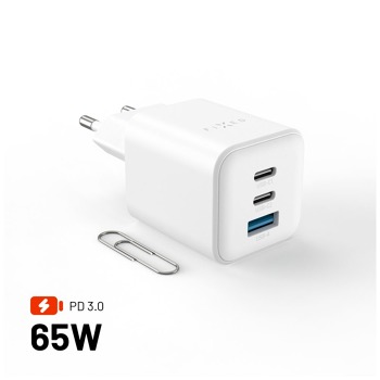 Sieťová nabíjačka FIXED Mini GaN s výstupom 2xUSB-C a USB, podpora PD, 65 W, biela