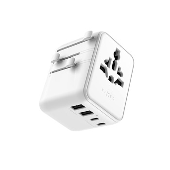 Cestovný adaptér FIXED Voyager 70W pre EÚ, UK a USA/AUS, s výstupom 3xUSB-C a 2xUSB, GaN, PD 70W, biely