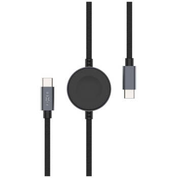Opletený kábel FIXED Power Watch Cable s konektormi USB-C/USB-C a nabíjačkou pre Apple/Samsung Watch, 1,5 m, PD 60 W, sivý