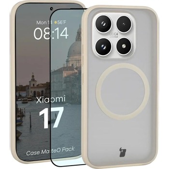 Ochranná sada Bizon Case MatteO + tvrdené sklo Bizon Glass Edge pre Xiaomi 17 - Smoke Beige