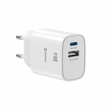 SWISSTEN SIEŤOVÝ ADAPTÉR EDGE GaN 1× USB-C PD 35 W + 1× USB-A 18 W QC BIELY