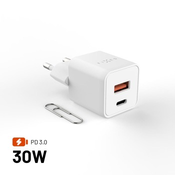 Sieťová nabíjačka GaN FIXED Mini s výstupmi USB-C a USB a podporou PD, 30 W, biela