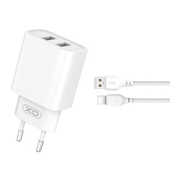Sieťová nabíjačka XO CE02C 2x USB 2,1 A + kábel USB-C – biela