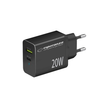 Sieťová nabíjačka Esperanza EZC105K 20 W USB-C PD / USB-A QC 3.0 – čierna