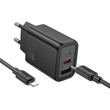 Sieťová nabíjačka HOCO N61 20 W USB-C + USB-A + USB-C / kábel USB-C – čierna