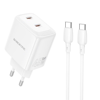 Sieťová nabíjačka Borofone BN31 GaN 45 W 2x USB-C + USB-C / USB-C kábel – biela