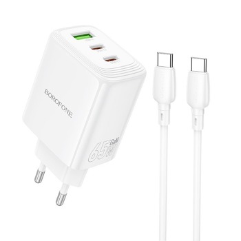Sieťová nabíjačka Borofone BN32 Cargador GaN 65 W 2x USB-C + USB-A + USB-C / USB-C kábel – biela