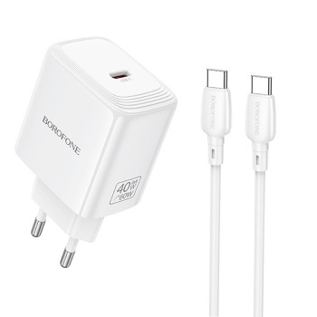 Sieťová nabíjačka Borofone BN33 Fuente GaN PD 40 W USB-C + kábel USB-C / USB-C – biela