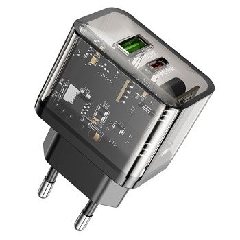 Sieťová nabíjačka HOCO N34 20 W USB-C + USB-A PD QC 3.0 – priehľadná